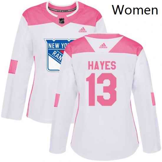 Womens Adidas New York Rangers 13 Kevin Hayes Authentic WhitePink Fashion NHL Jersey